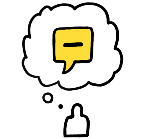 Poppetje met een denkwolkje, met daarbinnen een praatwolkje, weergegeven in een eenvoudige, cartoonachtige tekenstijl.