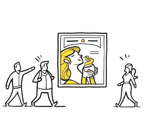 Een persoon wijst naar een grote illustratie van een vrouw met een drankje, terwijl twee anderen ernaast staan en kijken, in cartoonachtige stijl.