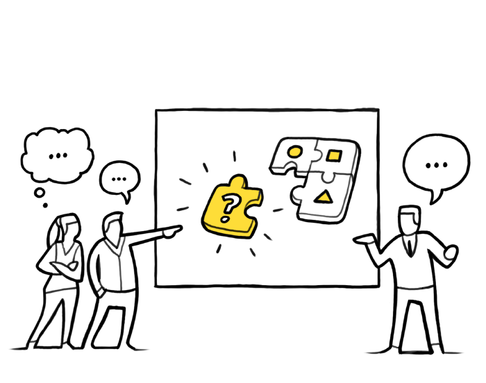 Een persoon legt een vraagstuk uit met een praatplaat, terwijl twee anderen ernaar wijzen en erover praten, alles in een cartoonachtige stijl.