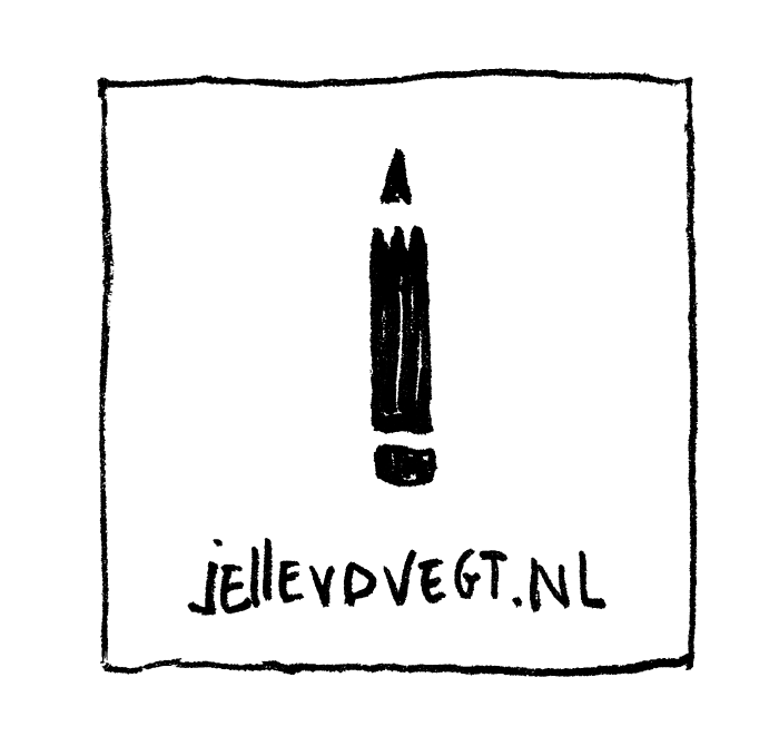 Een zwart-wit logo met een gestileerd potlood en de tekst ‘jellevdvegt.nl’ eronder, omringd door een vierkant kader in handgeschreven stijl.