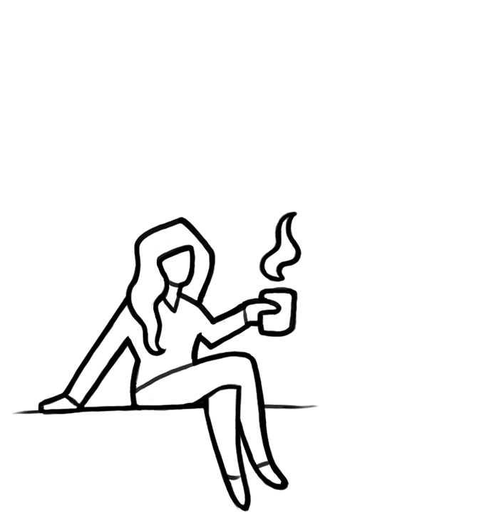 Een poppetje met een kop koffie in de hand, weergegeven in een eenvoudige, cartoonachtige tekenstijl.