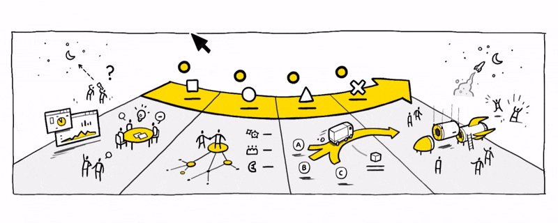 Een animatie van een digitale praatplaat waarin een muiscursor klikt, inzoomt op een subonderdeel en een tekstvenster toont, alles in cartoonstijl.