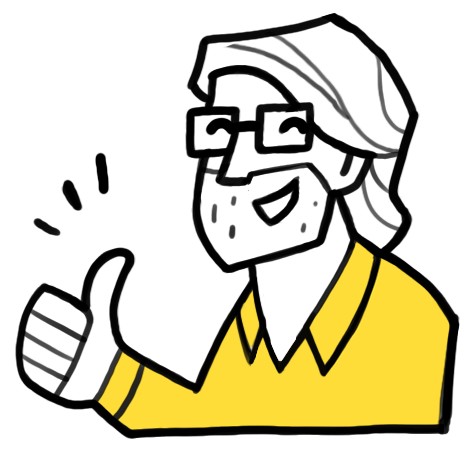 Een poppetje dat lacht en zijn duim omhoog doet, weergegeven in een eenvoudige, cartoonachtige tekenstijl.