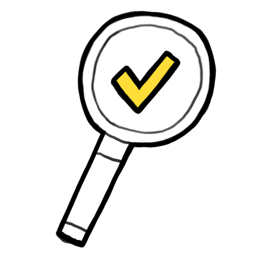 Een vergrootglas met een vinkje erbinnen getekend, weergegeven in een eenvoudige, cartoonachtige tekenstijl.