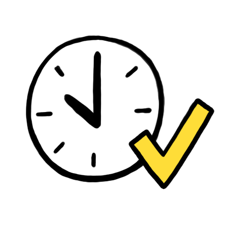 Een klok met een vinkje ernaast, weergegeven in een eenvoudige, cartoonachtige tekenstijl.