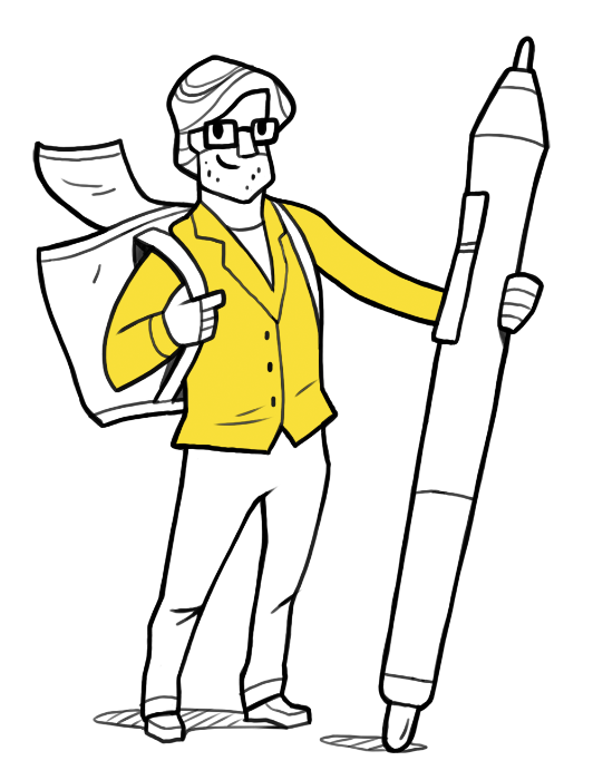 Een man met een geel overhemd en een open rugzak die een grote digitale tekenpen vasthoudt, weergegeven in een eenvoudige, cartoonachtige tekenstijl.